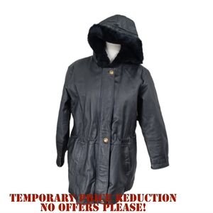 LIZ BAKER ESSENTIALS LEATHER COAT WITH HOOD SIZE L